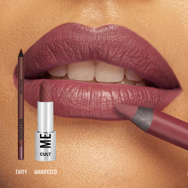 Lūpų pieštukas + kreminiai lūpų dažai: Taffy + Manifesto