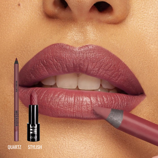 Lūpų pieštukas + matiniai lūpų dažai: Quartz + Stylish